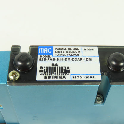 Mac 92B-FAB-BJ4-DM-DDAP-1DM Pneumatic Solenoid Valve 35-120PSI 24VDC NEW