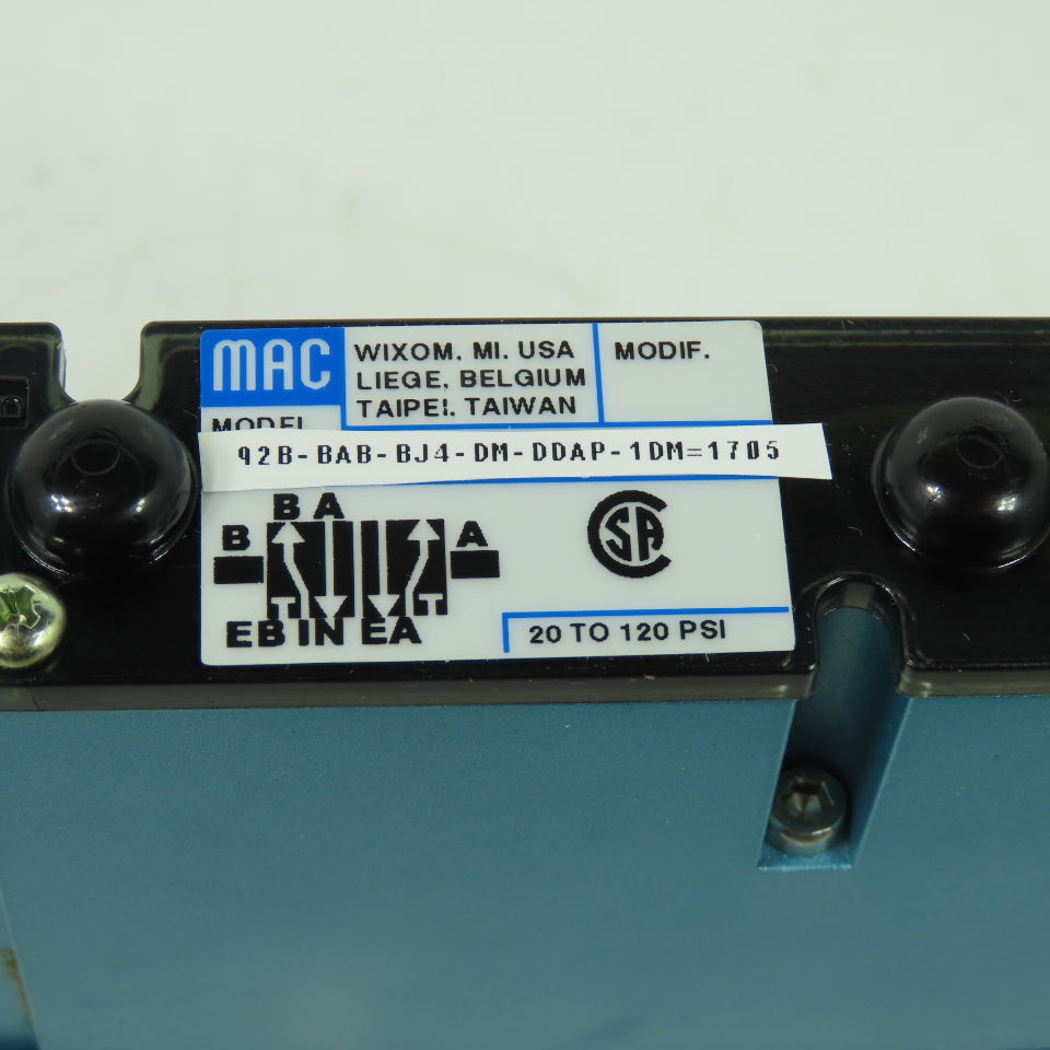 Mac 92B-BAB-BJ4-DM-DDAP-1DM Solenoid Valve 20-120PSI 24VDC