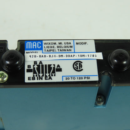 Mac 92B-BAB-BJ4-DM-DDAP-1DM Solenoid Valve 20-120PSI 24VDC