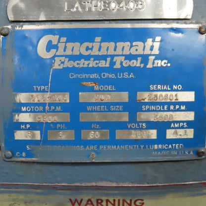 Cincinnati Model 102 480V 3Ph Pedestal Buffer 3Hp 1-1/4" Spindle 3600RPM