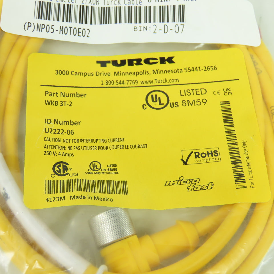 Turck WKB 3T-2 Micro Fast Cordset Cable 3-Pin Female Right Angle NEW Lot of 2