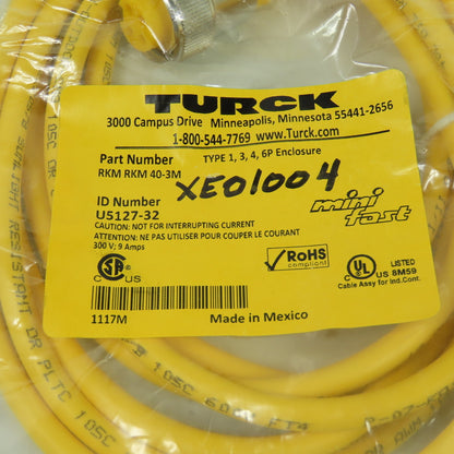 Turck RKM RKM 40-3M Mini Fast Cordset Cable 4-Pin Female Straight U5127-32 NEW