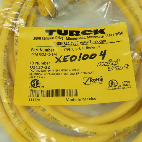 Turck RKM RKM 40-3M Mini Fast Cordset Cable 4-Pin Female Straight U5127-32 NEW