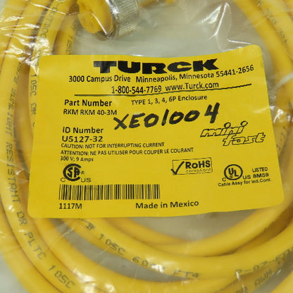 Turck RKM RKM 40-3M Mini Fast Cordset Cable 4-Pin Female Straight U5127-32 NEW