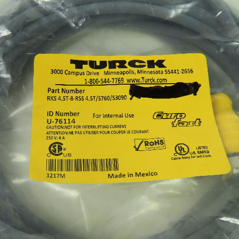 Turck RKS 4.5T-8-RSS 4.5T/S760/S3090 Euro Fast Cordset Cable 5-Pin Male/Female