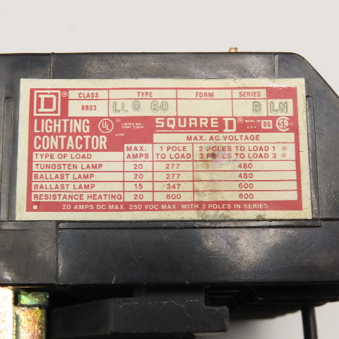 Square D LL0 60 600V AC 250VDC Max Lighting Contactor 120V Coil