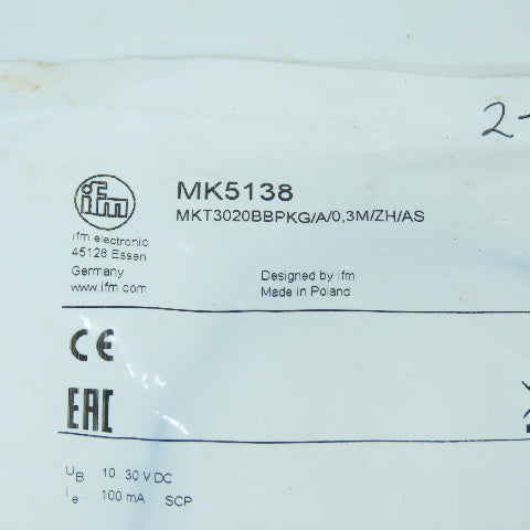 IFM MK5138 MTK3020BBPKG/A/0,3M/ZH/AS T-Slot Cylinder Sensor 10-30 VDC NEW