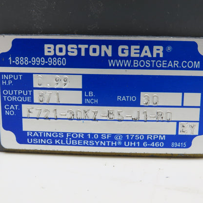 Boston Gear F721-30KZ-B5-J1-RO 30:1 Ratio 58RPM Output Right Angle Gear Reducer