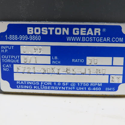 Boston Gear F721-30KZ-B5-J1-RO 30:1 Ratio 58RPM Output Right Angle Gear Reducer