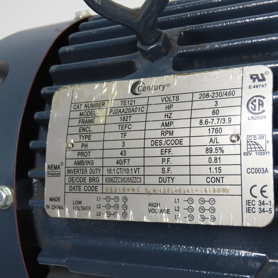 Century TE121 3HP AC Electric Motor 230/460V 3Ph 182T Frame