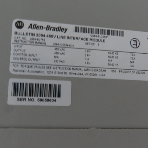 Allen Bradley 2094-BL75S Ser. B Line Interface Module, 460V 75A 3Ph
