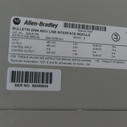 Allen Bradley 2094-BL75S Ser. B Line Interface Module, 460V 75A 3Ph