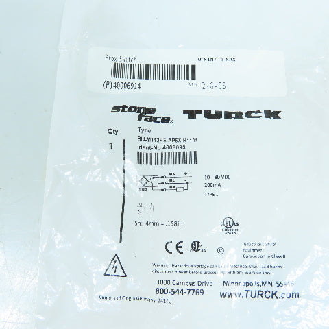 Turck BI4-MT12HE-AP6X-H1141 4608093 Inductive Proximity Sensor 10-30VDC NEW