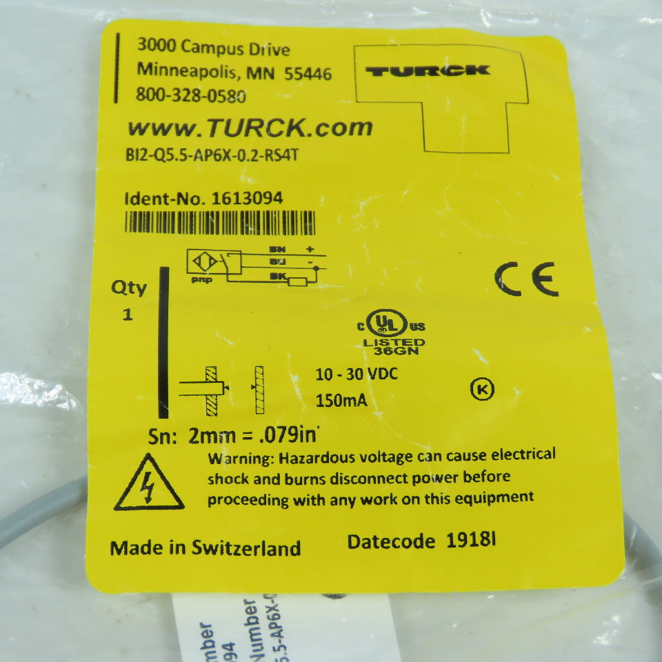 Turck BI2-Q5.5-AP6X-0.2-RS4T 1613094 Inductive Sensor 10-30VDC NEW