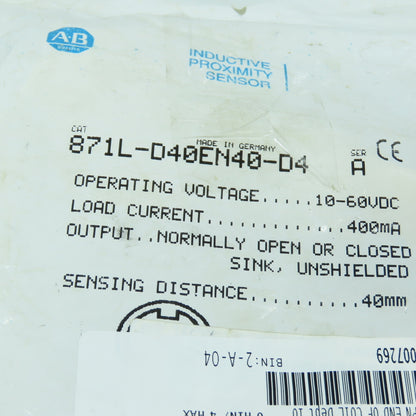 Allen Bradley 871L-D40EN40-D4 Ser A Inductive Sensor 40mm Sensing 10-60VDC