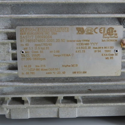SEW Eurodrive SA57/T DRN60S4 44.22 Ratio Helical Gear Motor 230/460V 3PH 40RPM