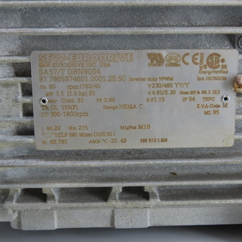 SEW Eurodrive SA57/T DRN60S4 44.22 Ratio Helical Gear Motor 230/460V 3PH 40RPM