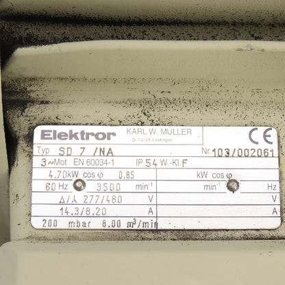 Elektror SD7/NA 4.70kW Single Stage Side Channel Blower 277/480V 3PH Tested