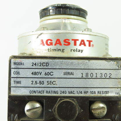 Agastat 2412CD Time Delay Relay480VAC Coil 2.5-50 Sec Range