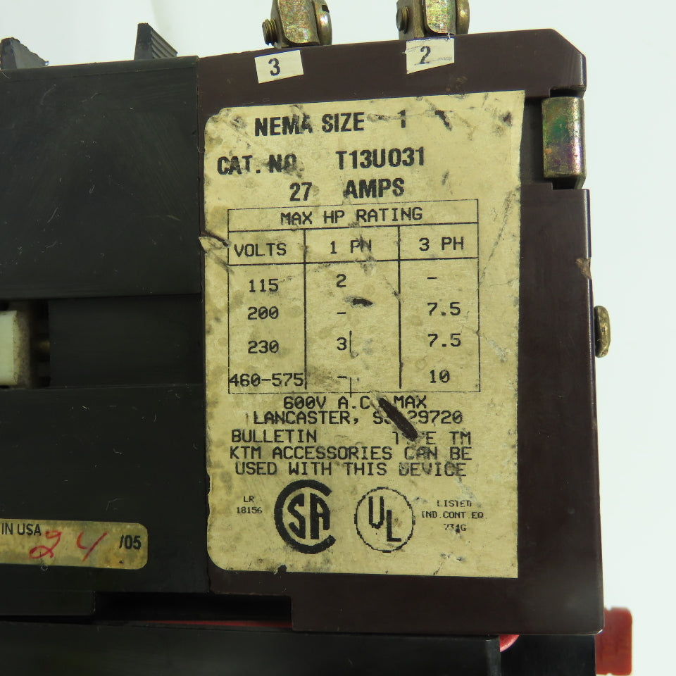 Joslyn Clark T13U031 Nema Size 1 10HP 27A Motor Starter 600VAC