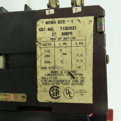 Joslyn Clark T13U031 Nema Size 1 10HP 27A Motor Starter 600VAC