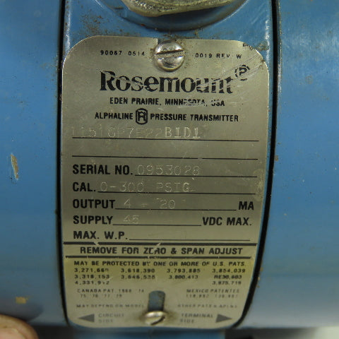 Rosemount 1151GP7E22B1D1 Pressure Transmitter 0-300PSIG 45VDC 4-20mA