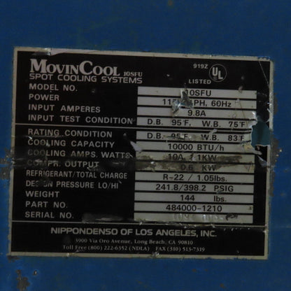 MovinCool 10SFU 115V 1Ph 10,000 BTU Portable Spot Air Conditioning Unit AS/IS