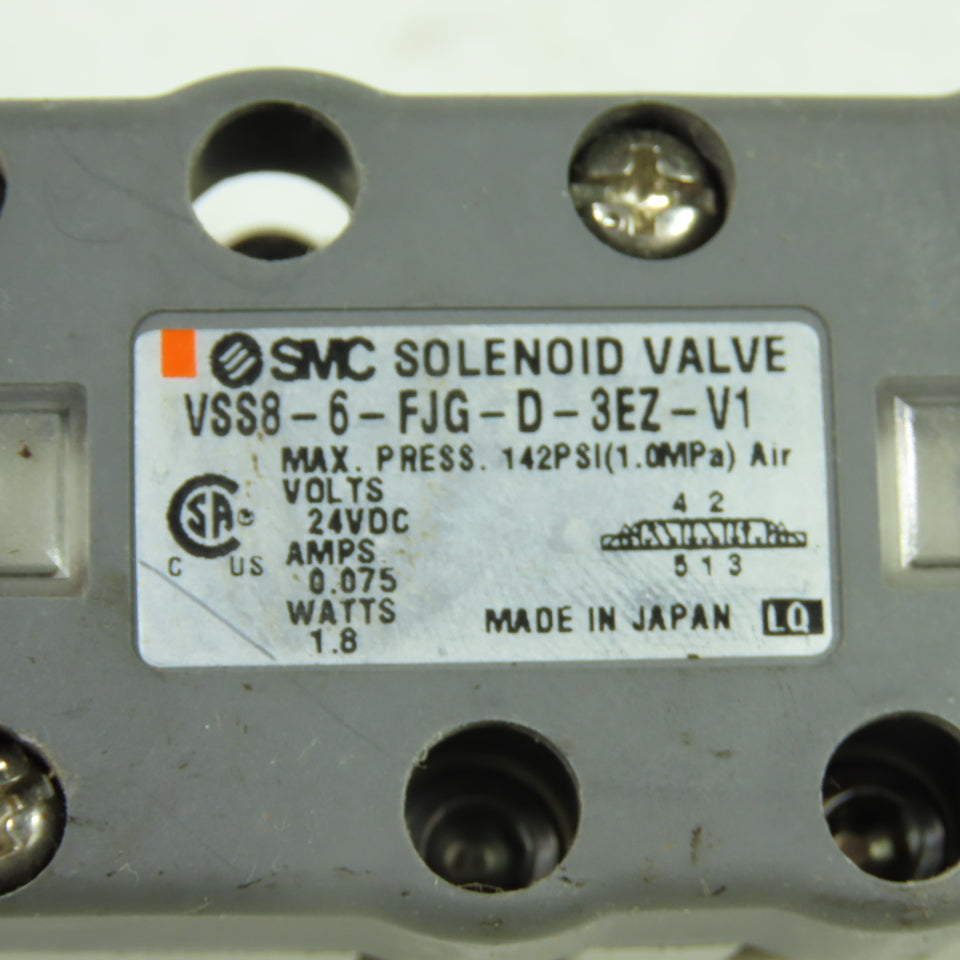 smc VSS8-6-FJG-D-3EZ-V1 Solenoid Valve 24VDC 142PSI