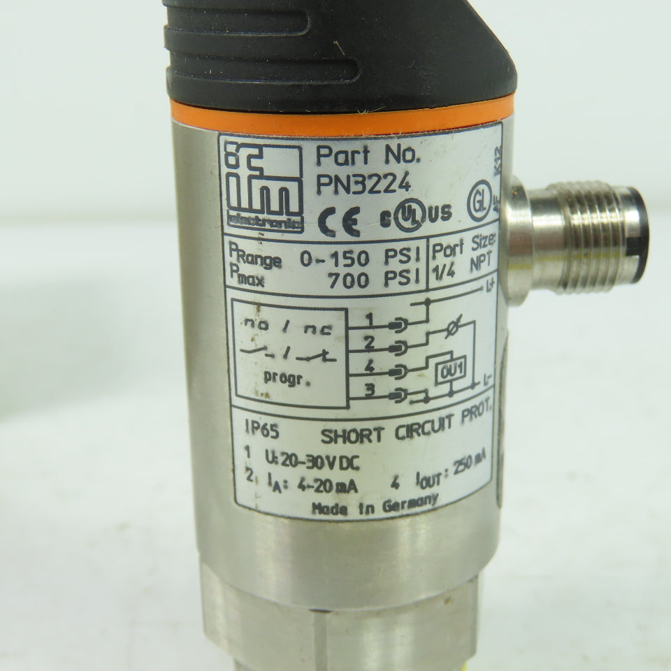 IFM PN3224 Pressure Sensor 20-30VDC 1/4" Port 0-150PSI Range