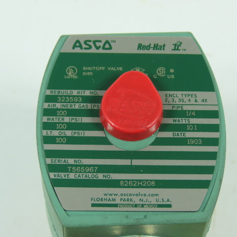 Asco 8262H208 1/4" Air Water Oil Solenoid Valve 120V 60HZ 100PSI