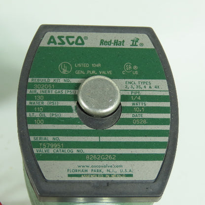 Asco 8262G262 1/4" Air Water Oil Solenoid Valve 120V 60HZ 130PSI NEW
