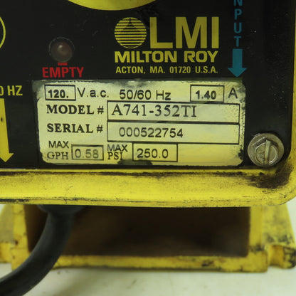 LMI Milton Roy A741-352TI Metering Pump 120VAC 0.58 GPM 250PSI