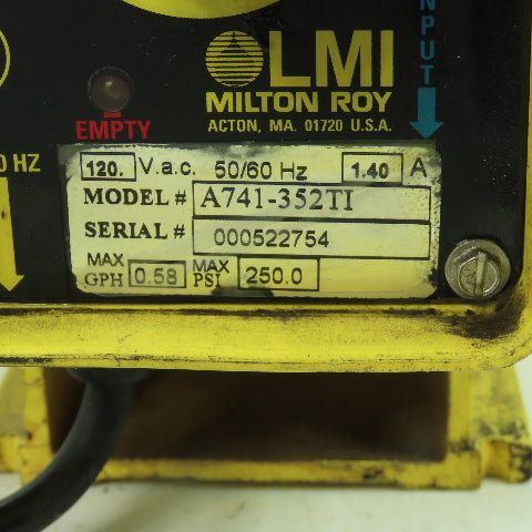 LMI Milton Roy A741-352TI Metering Pump 120VAC 0.58 GPM 250PSI