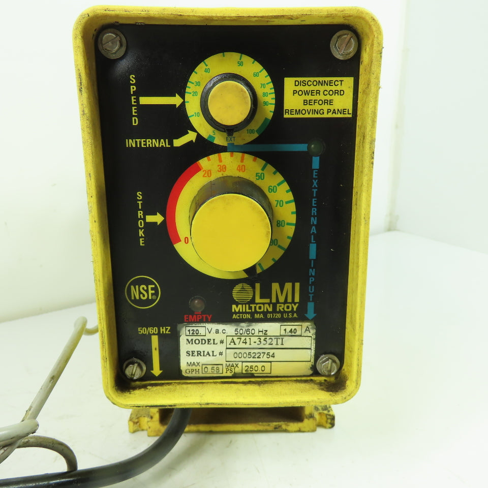 LMI Milton Roy A741-352TI Metering Pump 120VAC 0.58 GPM 250PSI