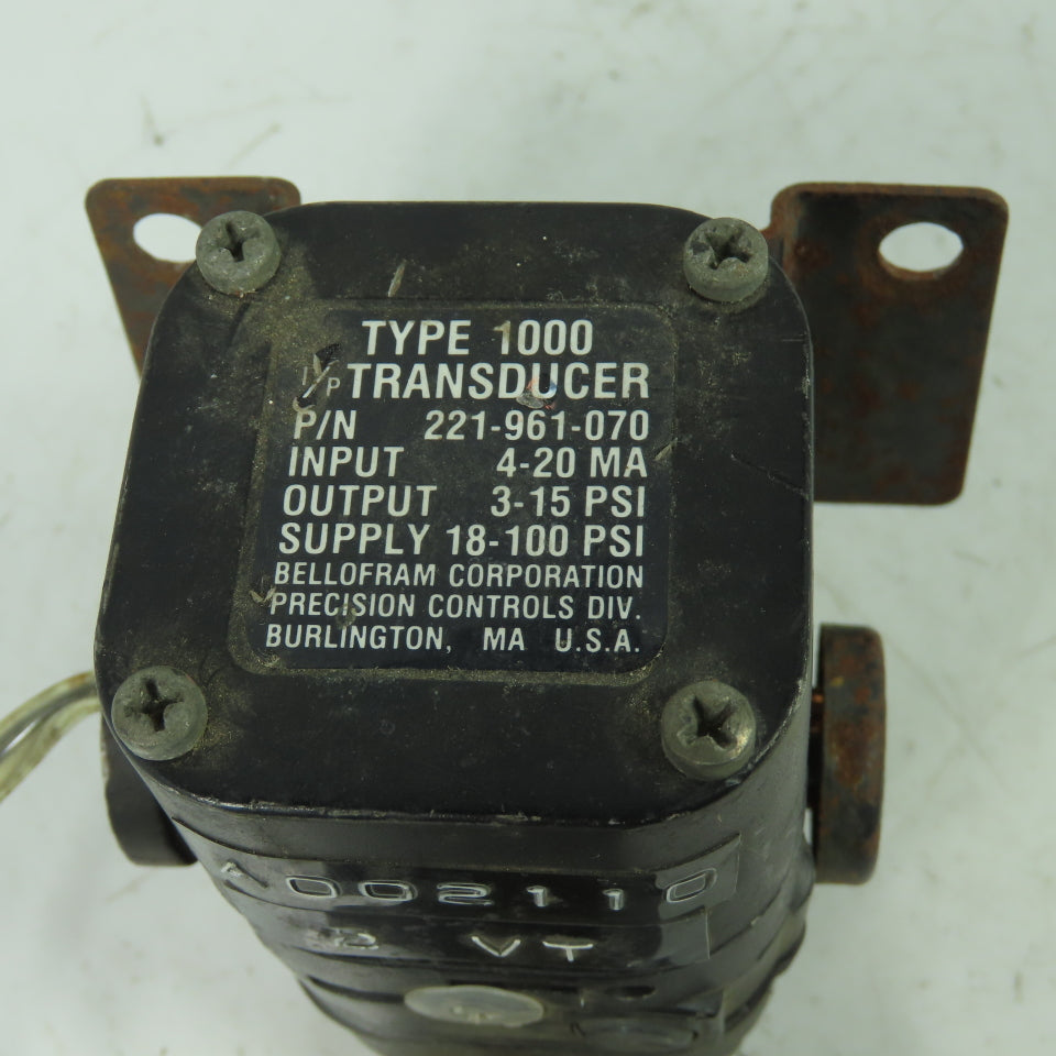 Bellofram 221-961-070 Type 1000 Transducer 4-20mA 3-15PSI Out 18-100PSI Supply