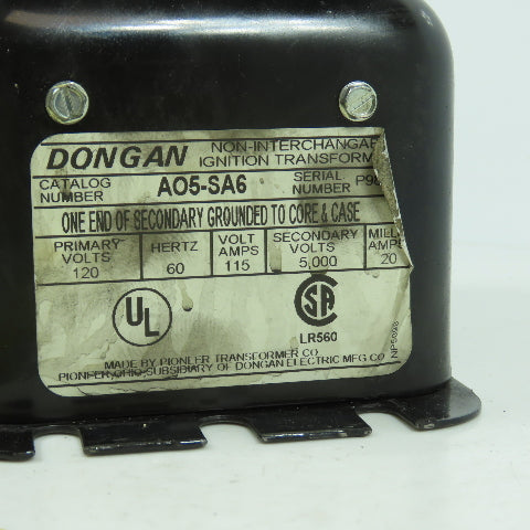Dongan A05-SA6 Non-Interchangeable Ignition Transformer Pri 120V Sec 5,000V