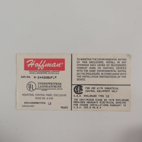 Hoffman A-244208WFLP Type 12 24" x 42" x 8" Electrical Enclosure W/ Backplate