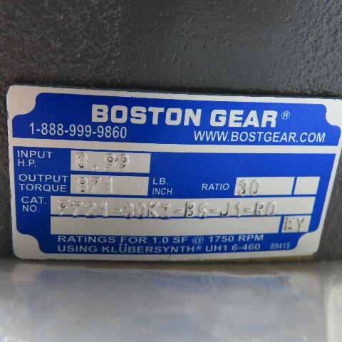 Boston Gear F721-30KZ-B5-J1-RO 30:1 Ratio Worm Gear Reducer 50.33RPM Out NEW