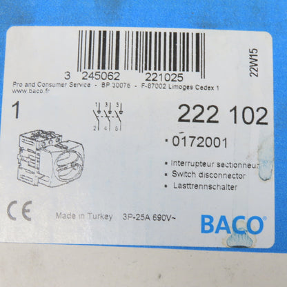 BASCO 222 102 0172001 Electric Switch Disconnector W/Operator 3Pole 7.5HP 600V