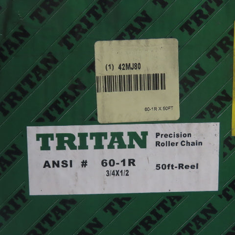 Tritan 42MJ80 ANSI #60-1R Single Strand Roller Chain 3/4" x 1/2" x 50' Long NEW