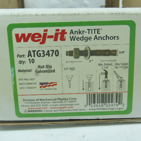 Wej-it ANKR-TITE 3/4" x 7" Galvanized Concrete Wedge Anchors Lot Of 10