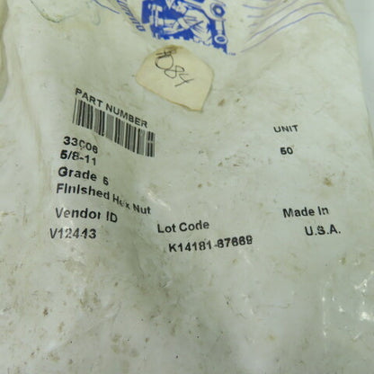33006 5/8-11 Grade 5 Steel Finished Hex Nit Lot Of 50