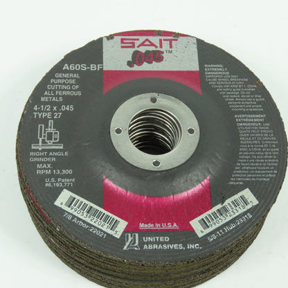 Sait A60S-BF 4-1/2" x .045" x 7/8" General Purpose Cutting Cutoff Wheels Lot/16