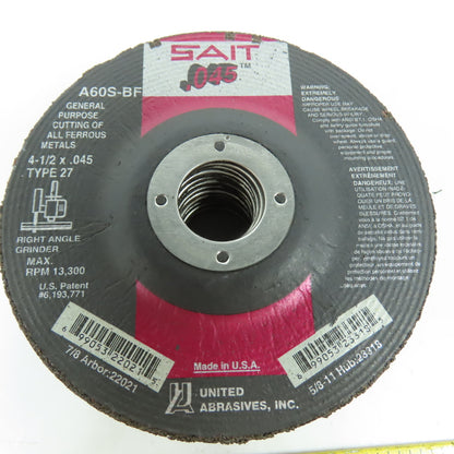 Sait A60S-BF 4-1/2" x .045" x 7/8" General Purpose Cutting Cutoff Wheels Lot/16