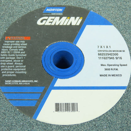 Norton 42300 7" x 1" x 1" Gemini Crystolon Med 60 Bench Grinder Wheel