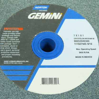Norton 42300 7" x 1" x 1" Gemini Crystolon Med 60 Bench Grinder Wheel