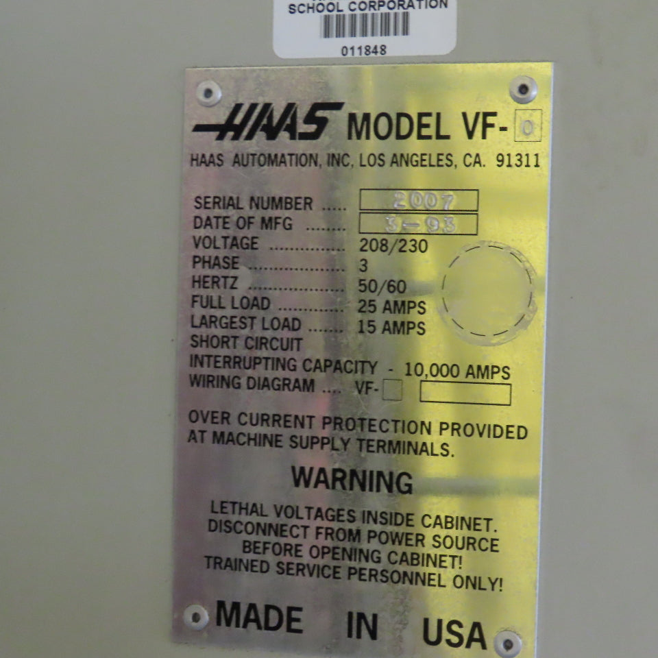 Haas VF-0 208-230V 3Ph 3 Axis Vertical Machining CNC 16 Tool ATC Low 1560Hrs.