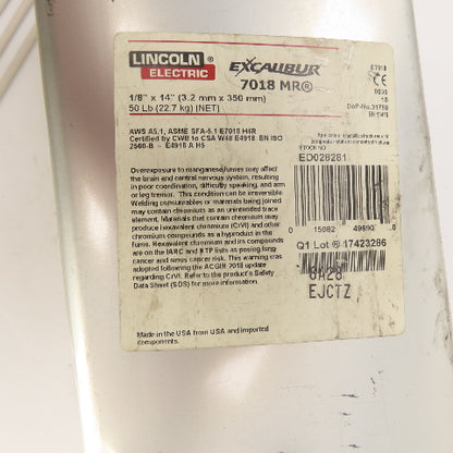 Lincoln ED028281 7018MR Excalibur Welding Electrode Rods 1/8" x 14" 35 Lbs.