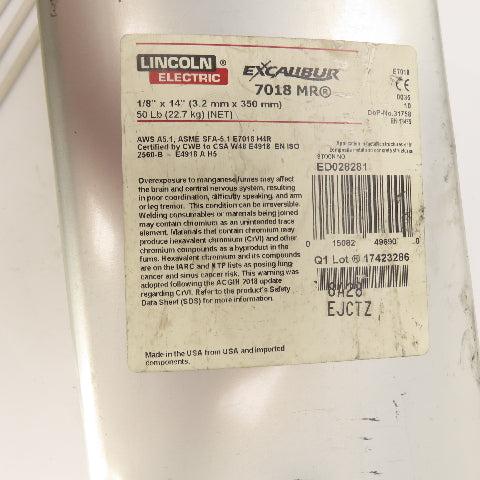 Lincoln ED028281 7018MR Excalibur Welding Electrode Rods 1/8" x 14" 35 Lbs.