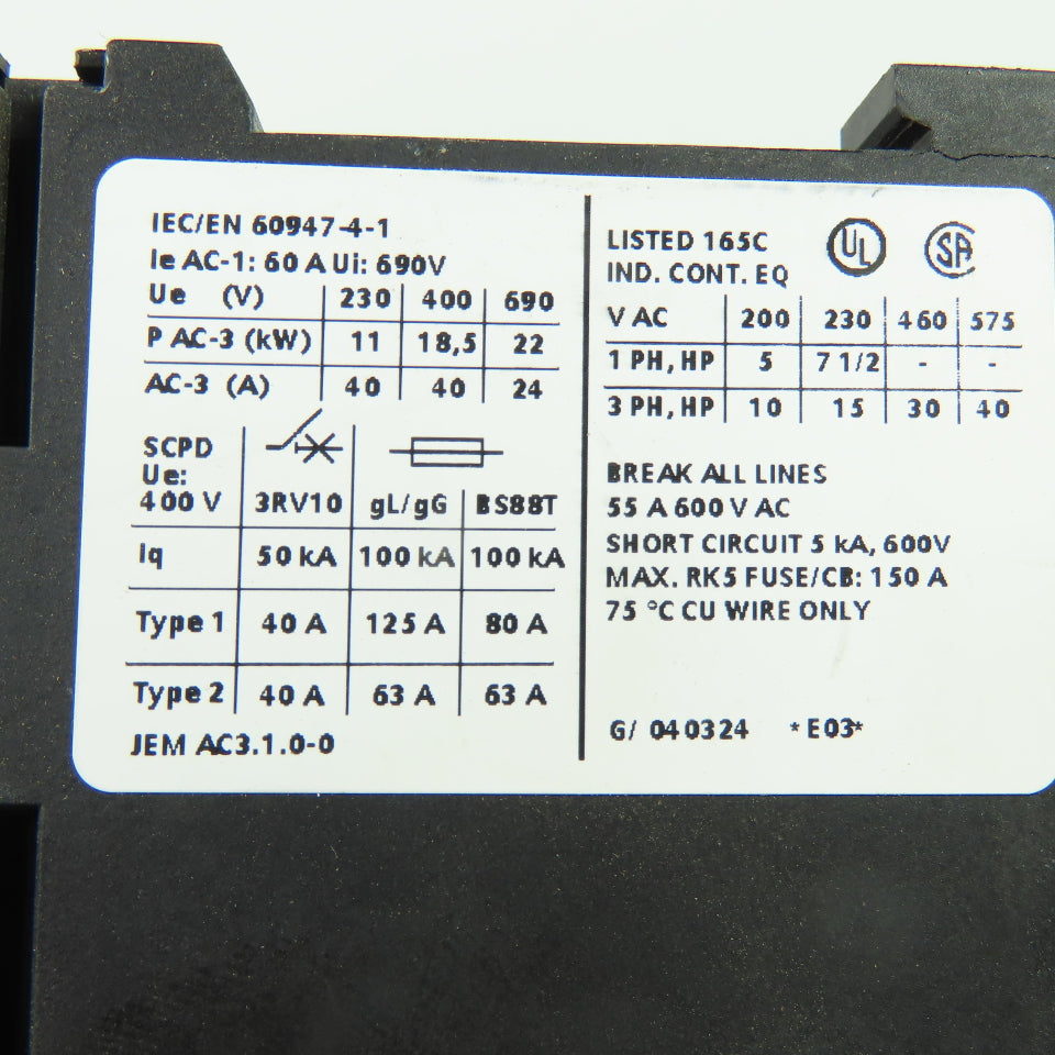 Siemens 3RT1035-1B..0 Sirius 40HP 3Ph 600VAC Contactor 24VDC Coil